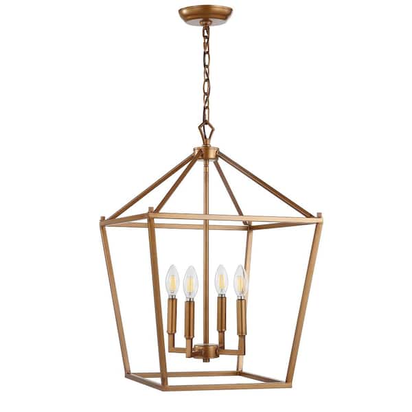 Pagoda 16 in. 4-Bulb Antique Gold Lantern Metal LED Pendant