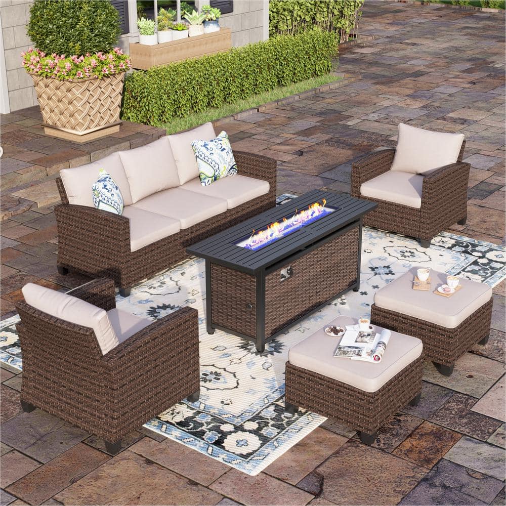 PHI VILLA Brown 6-Piece Rattan Steel Outdoor Patio