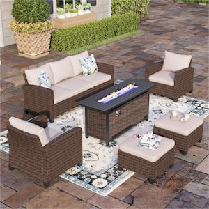 Brown 6-Piece Rattan Steel Outdoor Patio Conversation Set with Beige Cushions and Rectangular Fire Pit Table