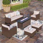 Brown 6-Piece Rattan Steel Outdoor Patio Conversation Set with Beige Cushions and Rectangular Fire Pit Table