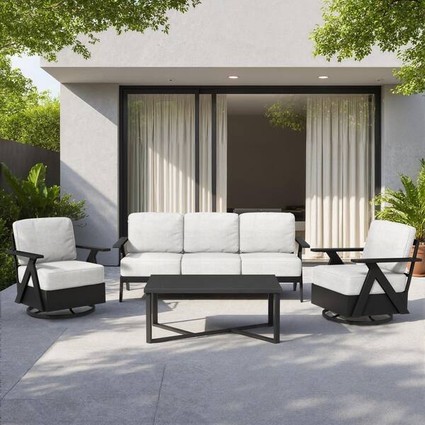 4-piece Patio Outdoor Conversation Set with Thick Beige Cushions and Swivel Rocking Chairs, Coffe Table