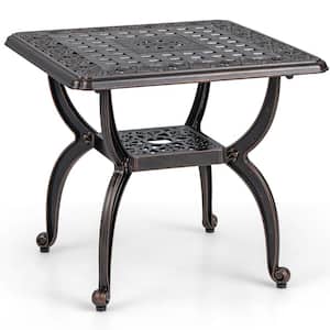 21 in. Cast Aluminum Outdoor Side Table Patio Square Coffee Table w/Storage Shelf