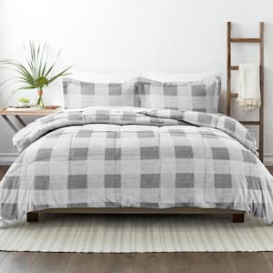 3-Piece Gray Gingham Pattern Microfiber Full / Queen Down-Alternative Comforter Set