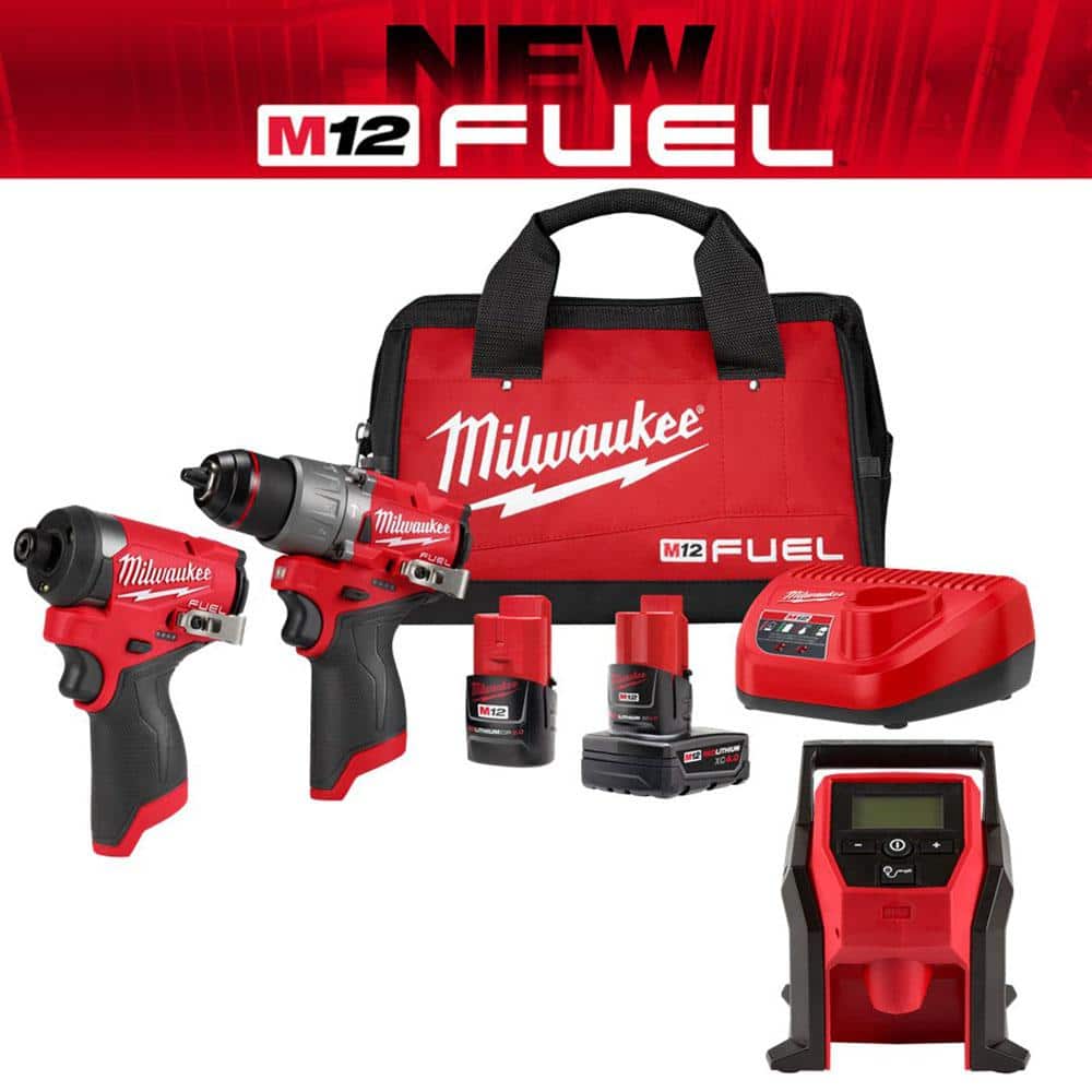 Milwaukee M12 FUEL 12-Volt Lithium-Ion Brushless Cordless Hammer Drill and Impact Driver Combo Kit (2-Tool) with Compact Inflator -  3497-22-2475