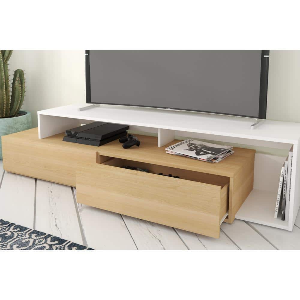 Tonik 72-Inch Modern Scandinavian White and Natural Maple TV Stand