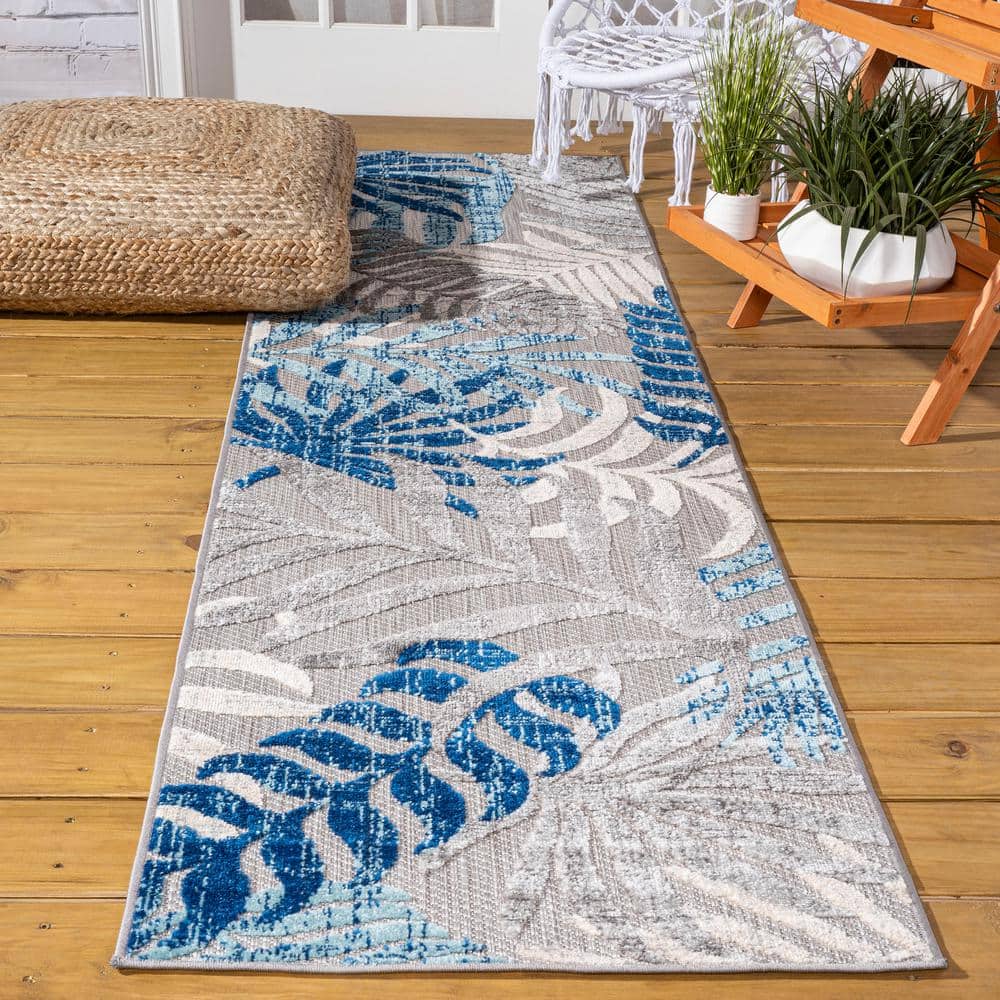 Gray and Blue Tropical Palm Leaves Synthetic Runner Rug