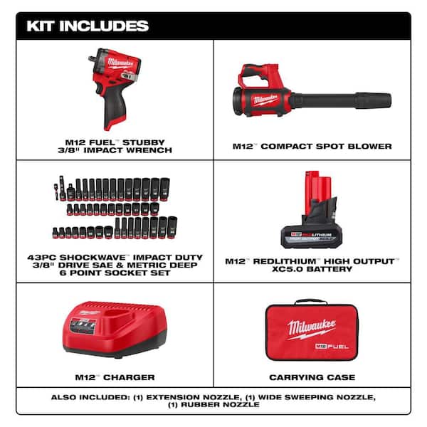 M12 FUEL 12V Stubby 3/8 in. Impact Wrench Kit w/ M12 12V Compact Spot Blower w/ 43-pc 3/8 in. SAE/Metric Sockets