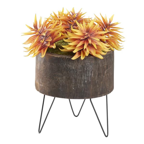 D&W Silks Indoor Artificial Succulents In Wood Bowl With Metal Legs