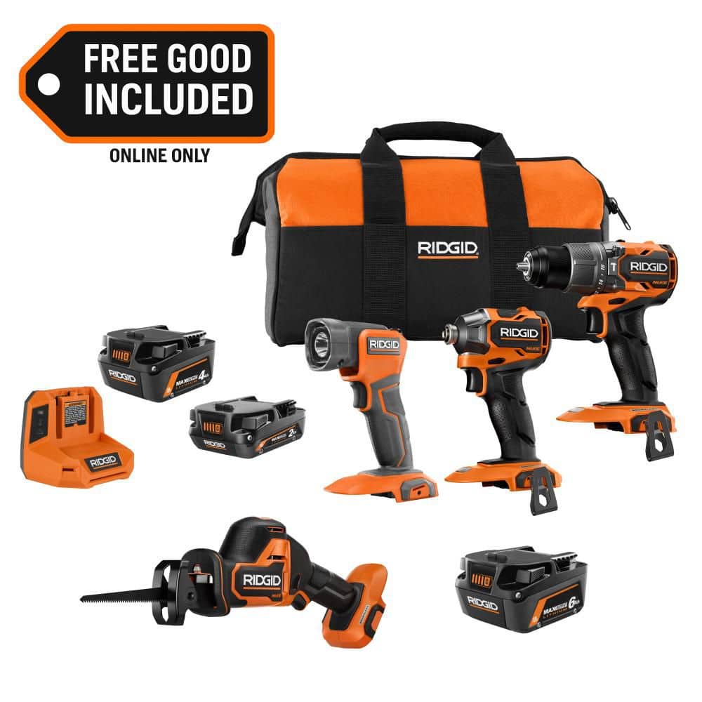 Ridgid 18V NUKE SubCompact Brushless 4-Tool Combo Kit w/ 2Ah, 4Ah Battery, & Charger w/ FREE 18V 6.0 Ah Battery