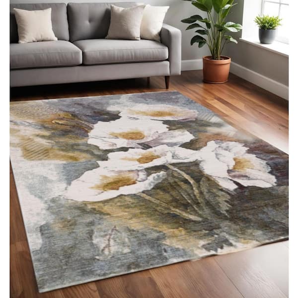 Blue 5 ft. x 8 ft. Woven Floral Rectangle Indoor Area Rug