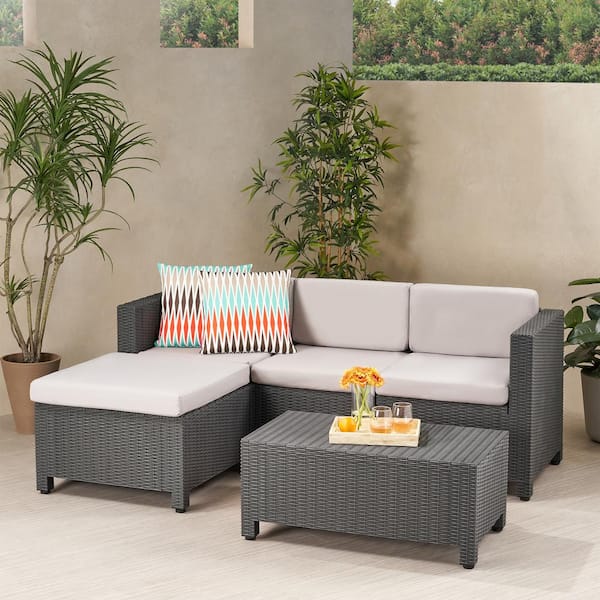 Noble House Waverly Dark Grey 5-Piece Faux Wicker Outdoor Patio Conversation Sectional Seating Set with Grey Cushions