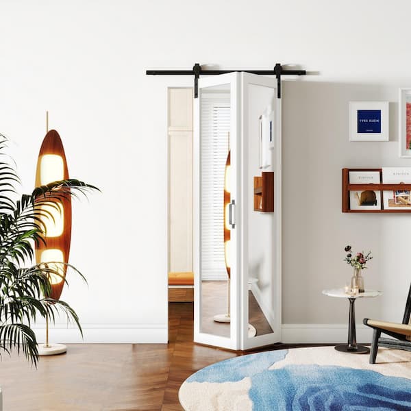 36 in. x 84 in.(Double 18 in. W Doors) White Mirrored Glass MDF,Bi-Fold Style Full Lite Sliding Barn Door w/Hardware Kit