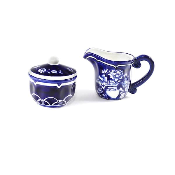 Euro Ceramica 9.58 fl.oz. Blue Garden Stoneware Breakfast Sugar and Creamer Set (2-Piece)