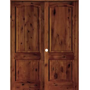 72 in. x 96 in. Rustic Knotty Alder 2-Panel Right Handed Red Chestnut Stain Wood Double Prehung Interior Door w/Arch-Top