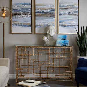 51 in. Gold Extra Large Rectangle Aluminum Grid Style Frame Geometric Console Table with Clear Glass Top