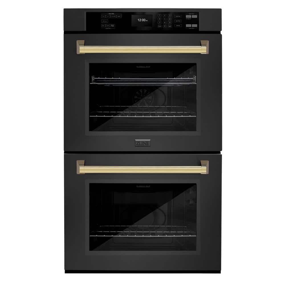 Autograph Edition 30 in. Double Electric Wall Oven with True Convection in Black Stainless with Polished Gold Handles