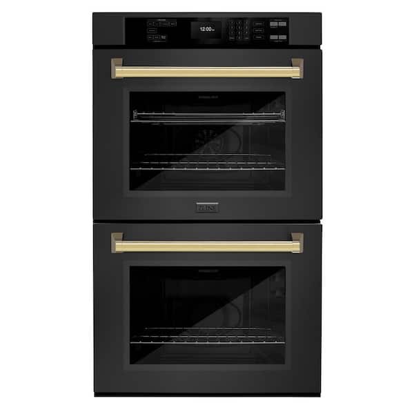 ZLINE Kitchen and Bath Autograph Edition 30 in. Double Electric Wall Oven with True Convection in Black Stainless with Polished Gold Handles