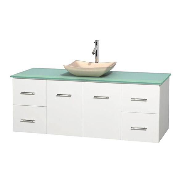 Wyndham Collection Centra 60 in. Vanity in White with Glass Vanity Top in Green and Sink