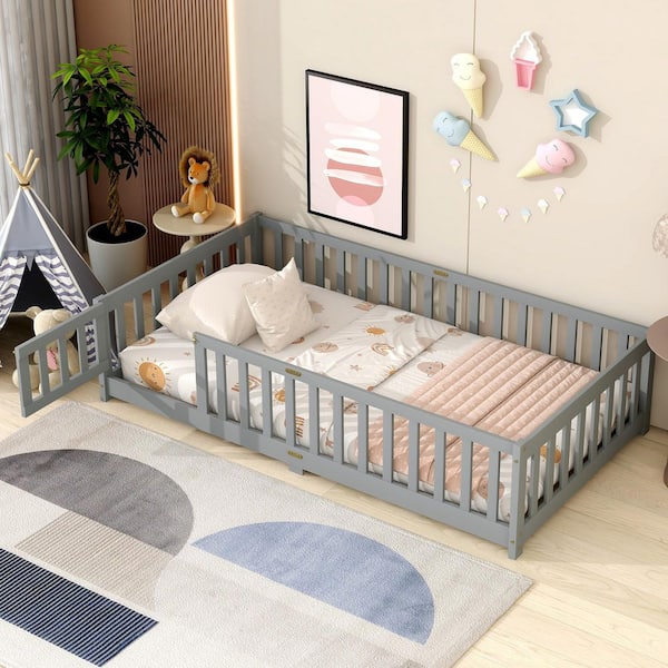 Gray Wood Frame Twin Size Platform Bed with Fence and Door