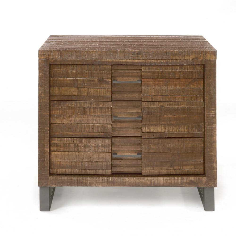 Andria Rustic Brown Wood Nightstand with 3 Drawers and Metal Legs