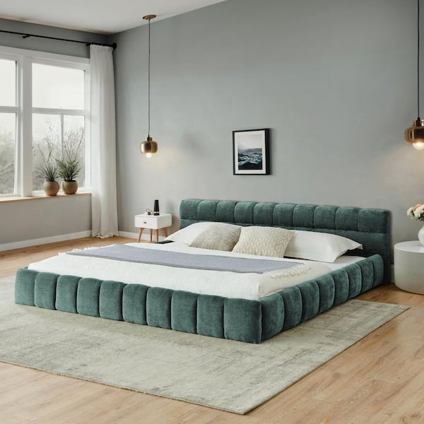 Valda Blue+Green Wood Frame California King Size Platform Bed with Chenille Fabric Headboard