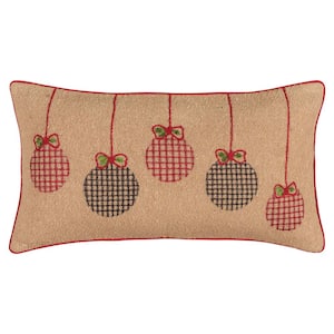 Tan Holiday Hanging Red/Green Christmas Ornaments Welted Cotton Poly Filled 14 in. x 26 in. Decorative Throw Pillow