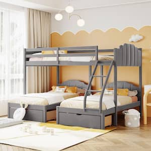 Gray Full Over Twin and Twin Bunk Bed, Velvet Triple Bunk Bed with Drawers and Guardrails
