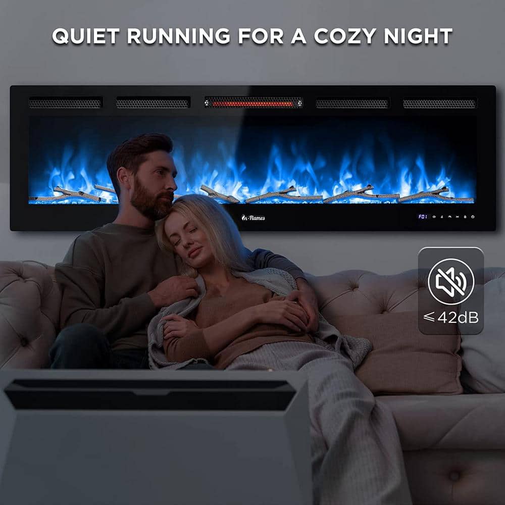 60" Black Tempered Glass Smart WiFi Electric Fireplace