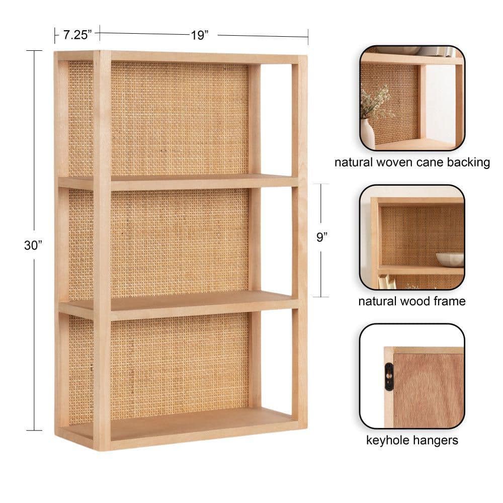 Natural Rattan and Wood Boho Three-Tier Wall Shelf, 19 x 30
