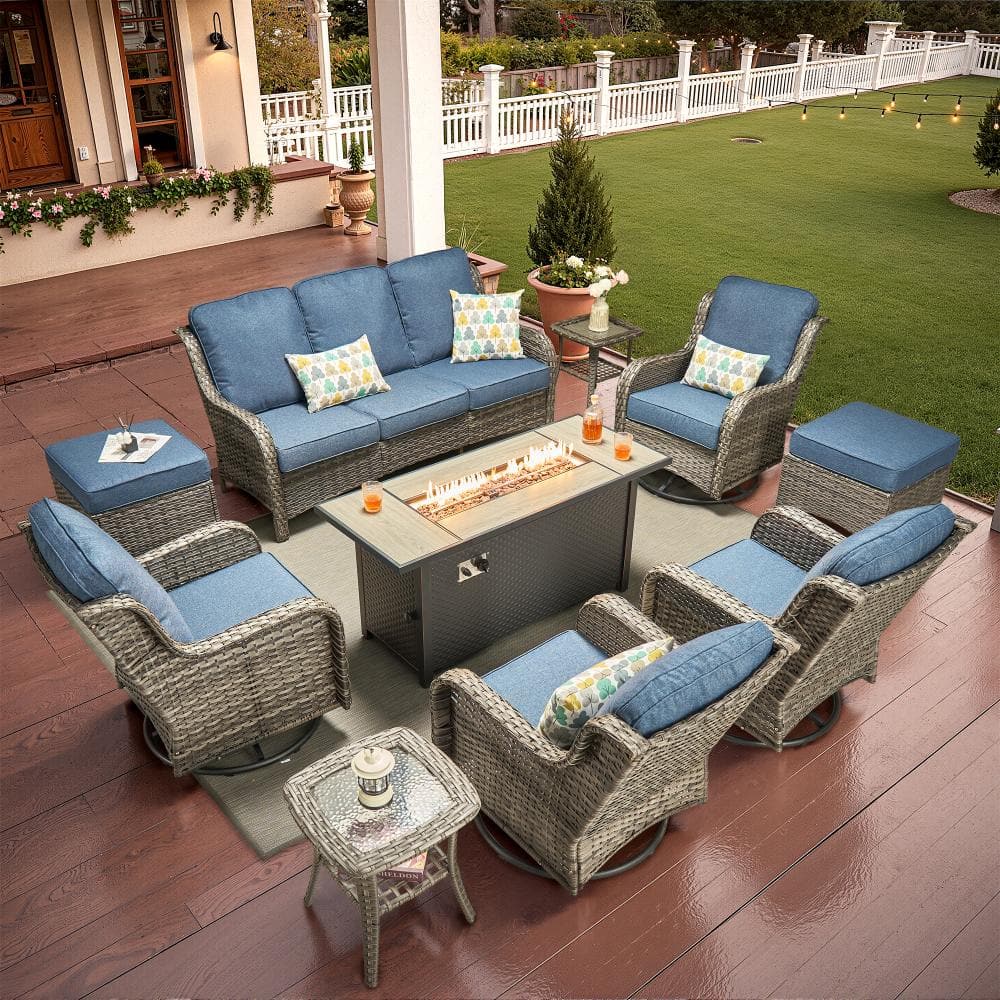 "Newport Gray Wicker 10-Piece Patio Conversation Sofa Swivel Chairs Set with Denim Blue Cushions and 54"" Metal Fire Pit" price history on PriceWatchPro