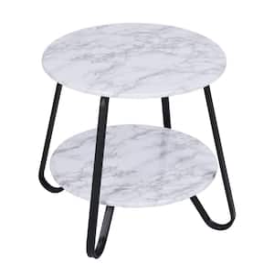 2 Tiers Side 18.1 in. W Round Outdoor Coffee Table with White Marble Table Top and Metal Legs Base