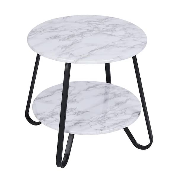 Sudzendf 2 Tiers Side 18.1 in. W Round Outdoor Coffee Table with White Marble Table Top and Metal Legs Base