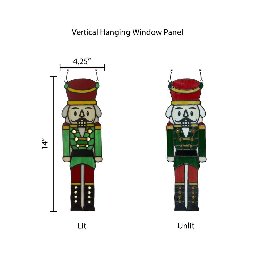 14" Red and Green Stained Glass Nutcracker Window Panel