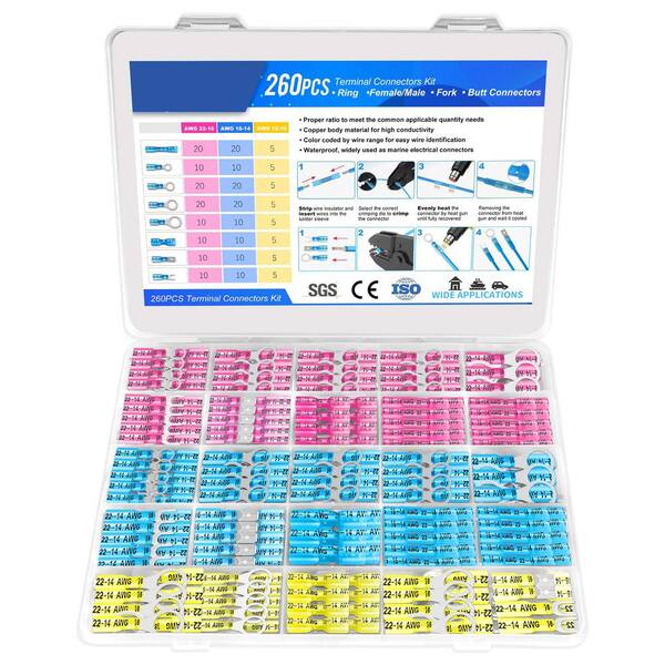 Heat Shrink Wire Connectors Kit (600 Pcs) – Waterproof Butt, Ring, Spade, Fork Terminals For Automotive & Marine