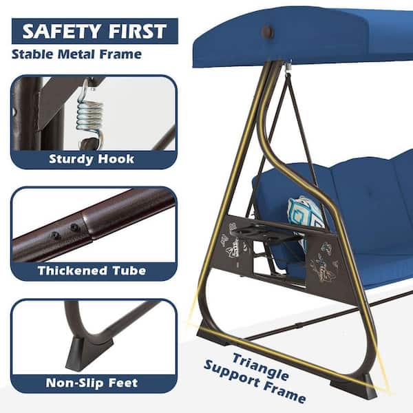 3-Person Metal Patio Swing Porch Swing with Stand, Blue Cushions
