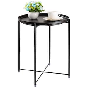 Black Metal Outdoor Dining Table without Extension Metal Side Table with Removable Tray