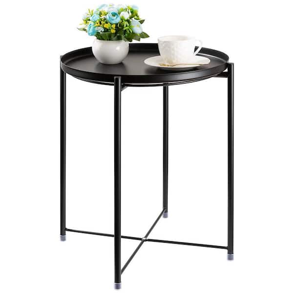 Dyiom Black Metal Outdoor Dining Table without Extension Metal Side Table with Removable Tray
