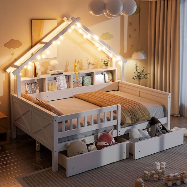 Wooden White Full Kids House Bed Frame with LED, Drawers and Guardrail