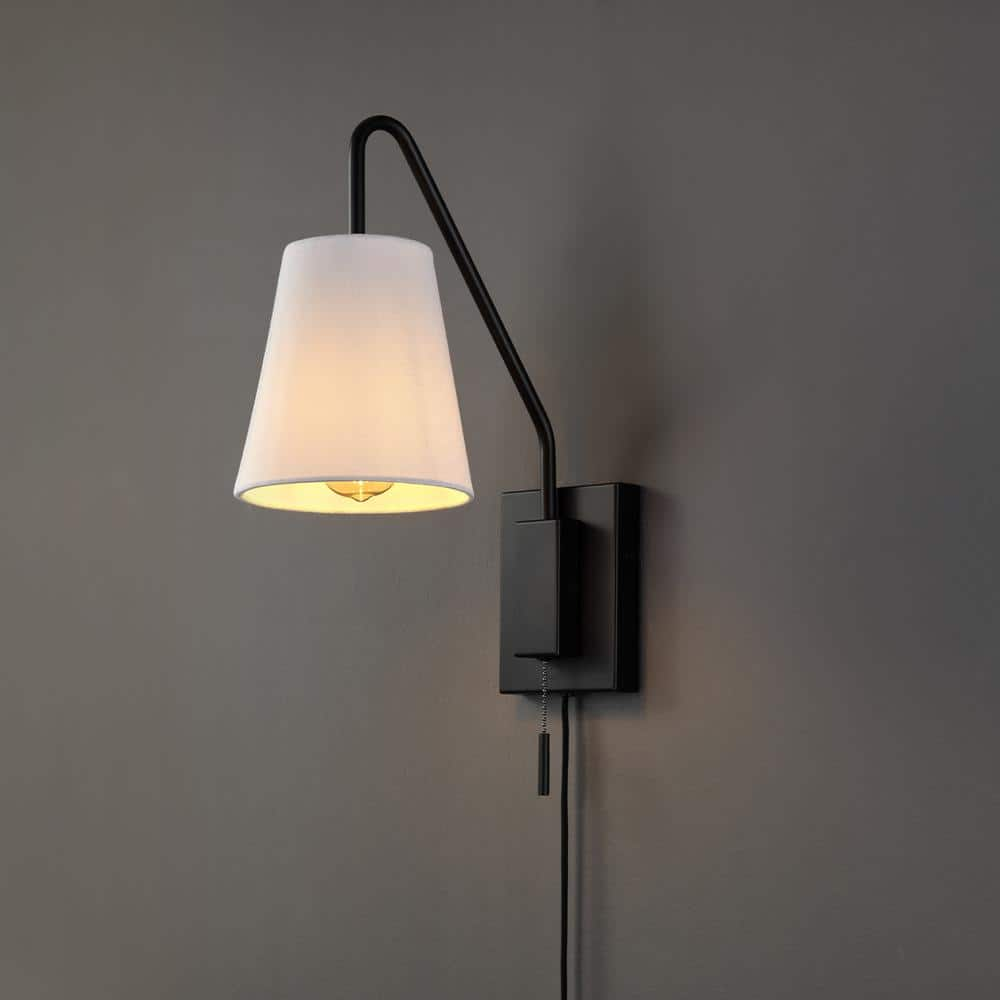 6.5 in. 1-Light Matte Black Swing Arm Plug-In or Hardwire Wall Sconce with White Fabric Shade -  Globe Electric, 91006023