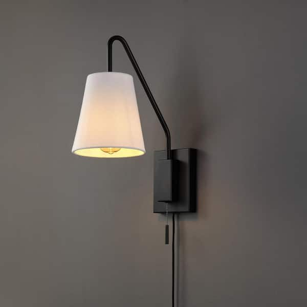 6.5 in. 1-Light Matte Black Swing Arm Plug-In or Hardwire Wall Sconce with White Fabric Shade