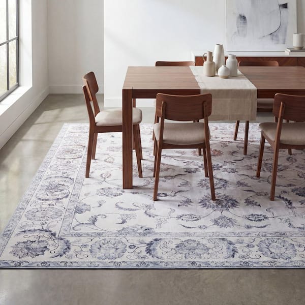 Arabella Vintage Floral Border Machine-Washable Ivory/Gray 8 ft. x 10 ft. Area Rug