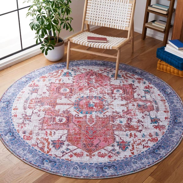 Serapi Rust/Blue 7 ft. x 7 ft. Machine Washable Geometric Medallion Round Area Rug