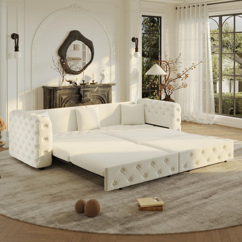 89 in. Square Arm Velvet Rectangle 4-Seater Chesterfield Sofa, Convertible Pull Out Sofa Bed with 3 Pillows in Beige