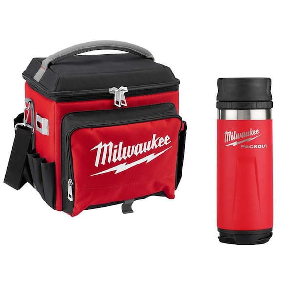 21 Qt. Soft Sided Jobsite Lunch Cooler with PACKOUT Red 18 oz. Insulated Bottle with Sip Lid