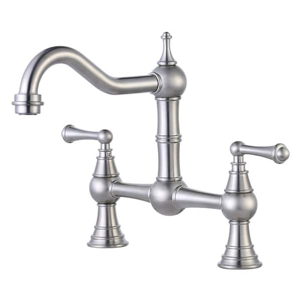 Double Handle Bridge Faucet with 360° Swivel Spout in Brushed Nickel