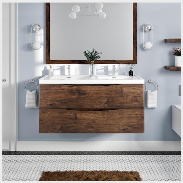 Eviva Smile 48 in. Double Sink Floating Rosewood Bath Vanity with White Acrylic Top (Assembled)