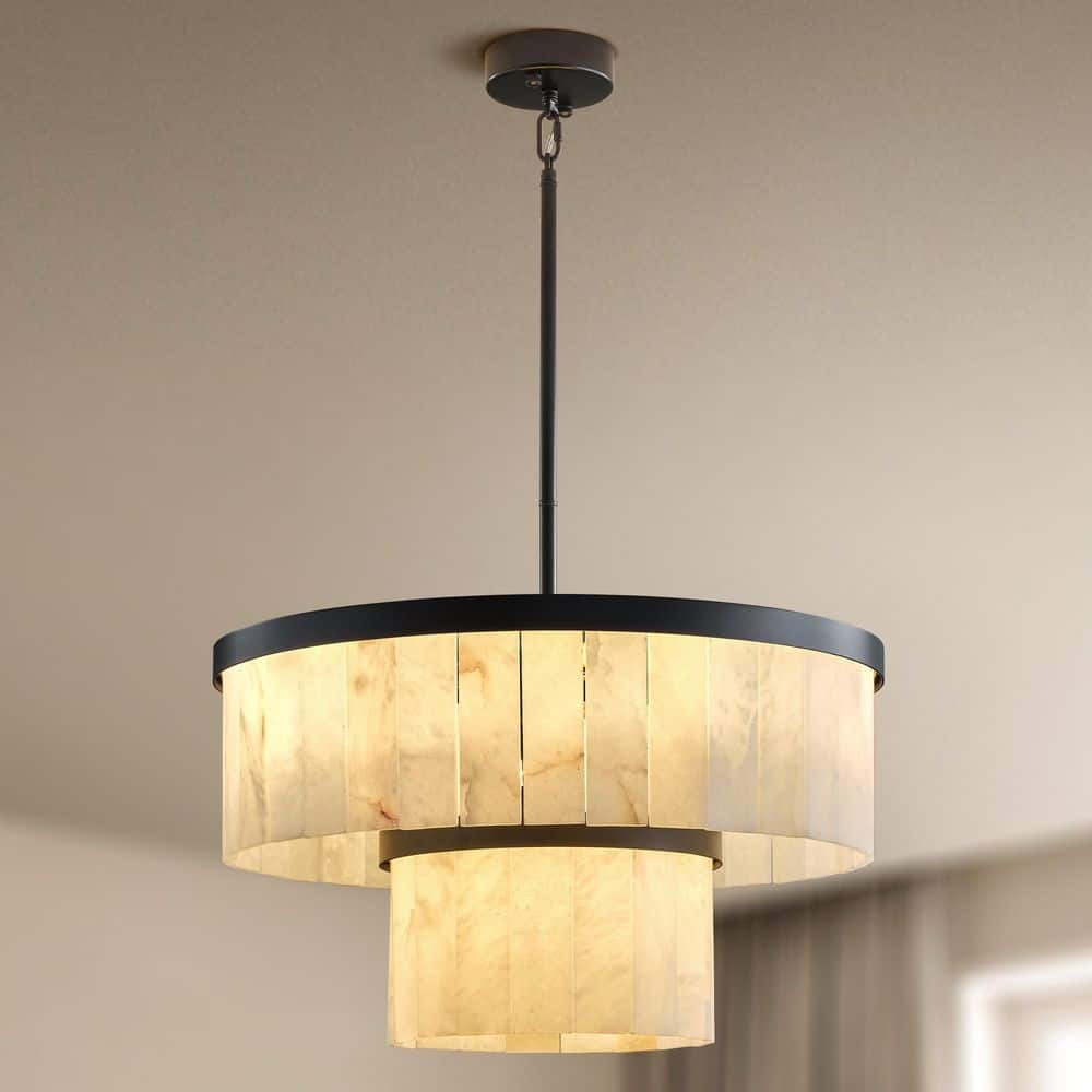 24 in. 9-Light Black Modern Chandelier, Round Chandelier w/ Alabaster Shade for Dining Room, Living Room, Kitchen Island price history on PriceWatchPro