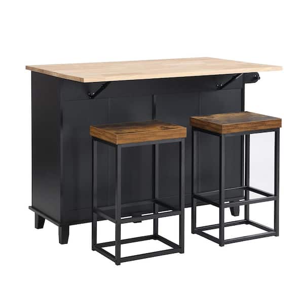 Unbranded Black 3-Piece Wood Outdoor Dining Table Set - Kitchen Island Set with 2-Stools, Storage Cabinet, Drawers and Tower Rack