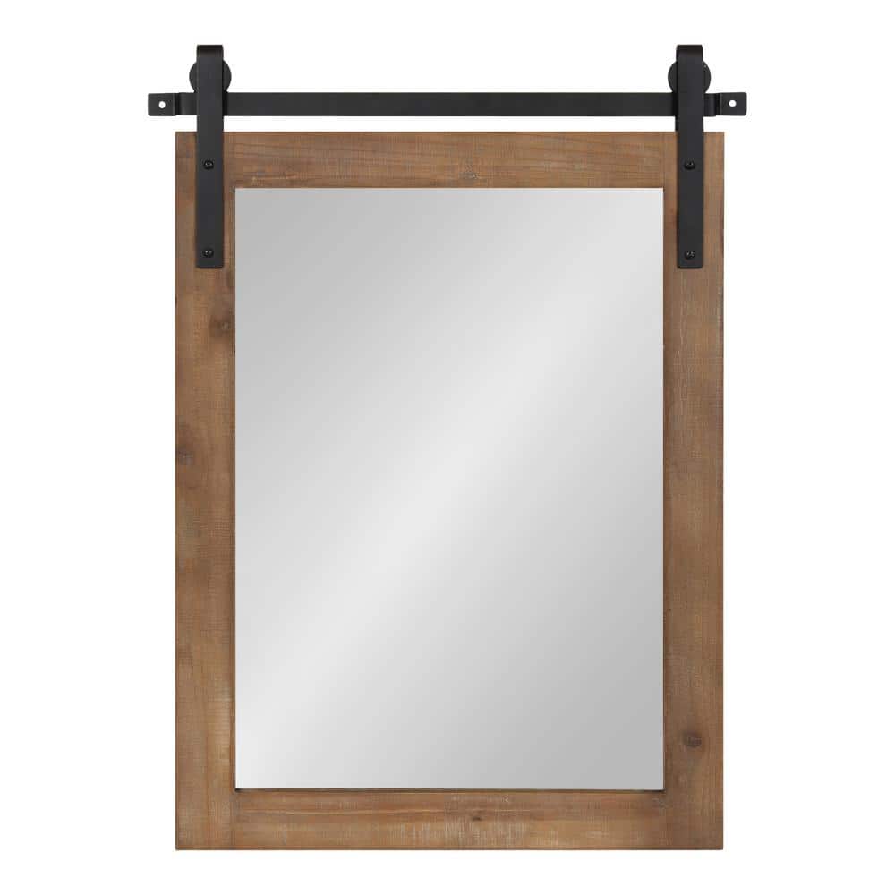 Rustic Brown Wood Framed Rectangular Wall Mirror with Metal Brackets