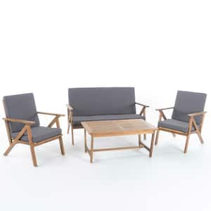 4-Piece Wood Patio Conversation Chat Set with Gray Cushions